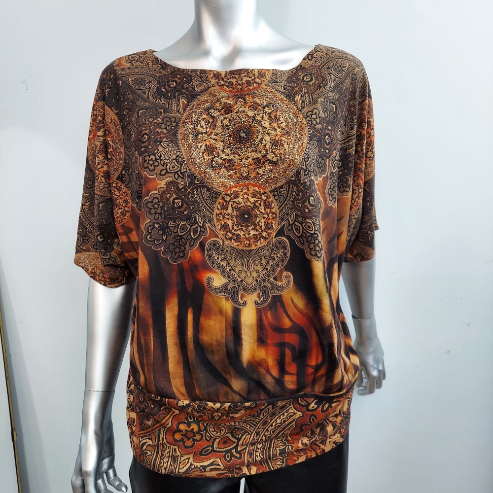 Lane Bryant Brown Mixed Print Top With Doleman Sleeves, Sz 14